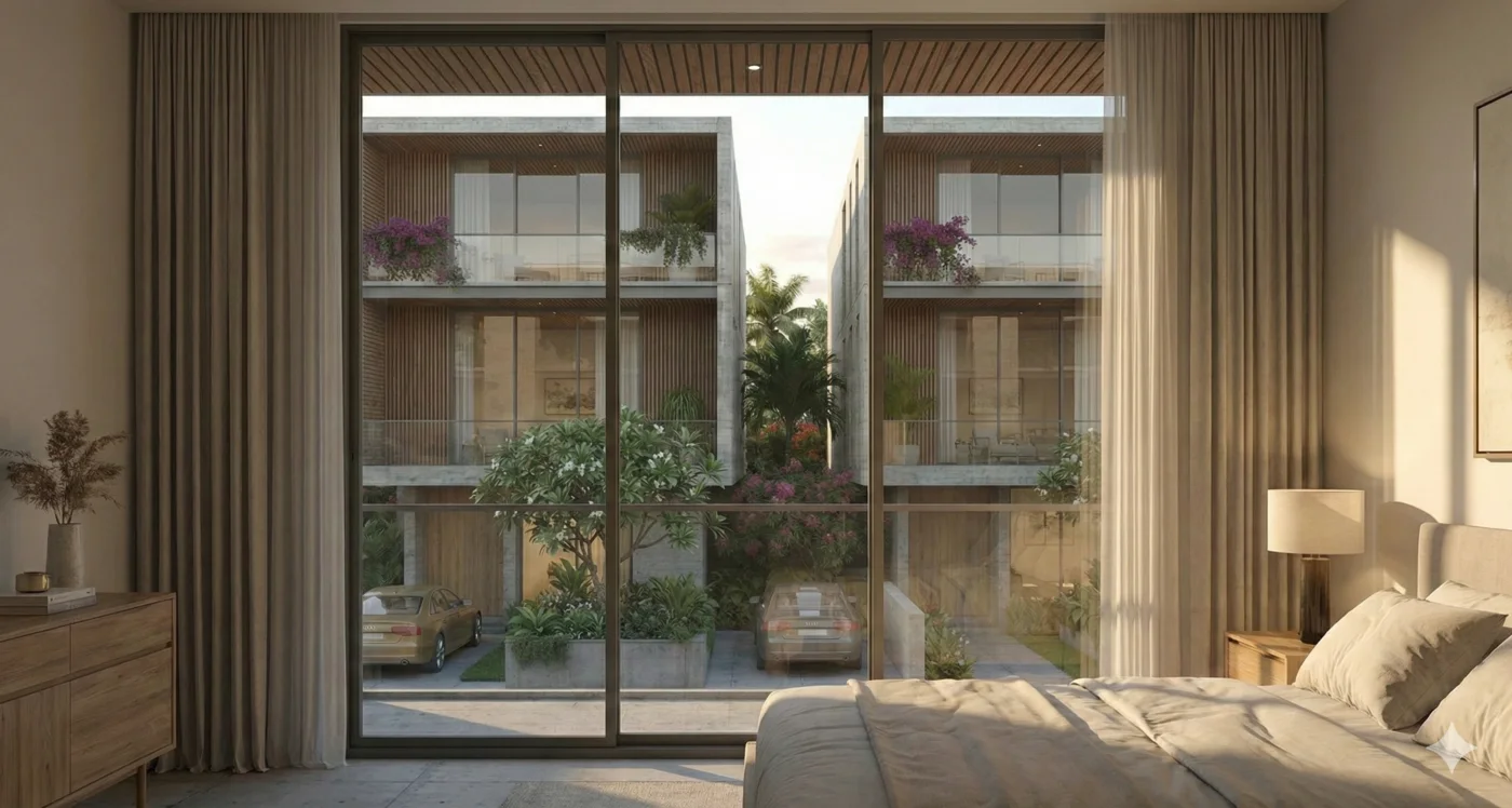 A light-filled bedroom opening to a planted courtyard